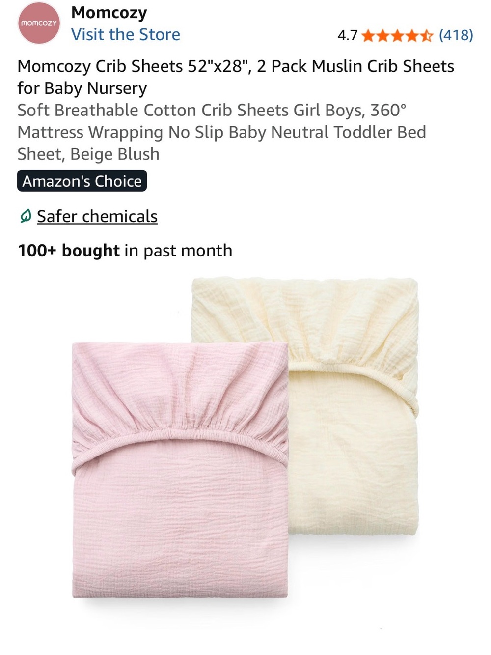 Momcozy Muslin Crib Sheets 2-Pack — Beige Blush & Light Pink Fitted Sheets